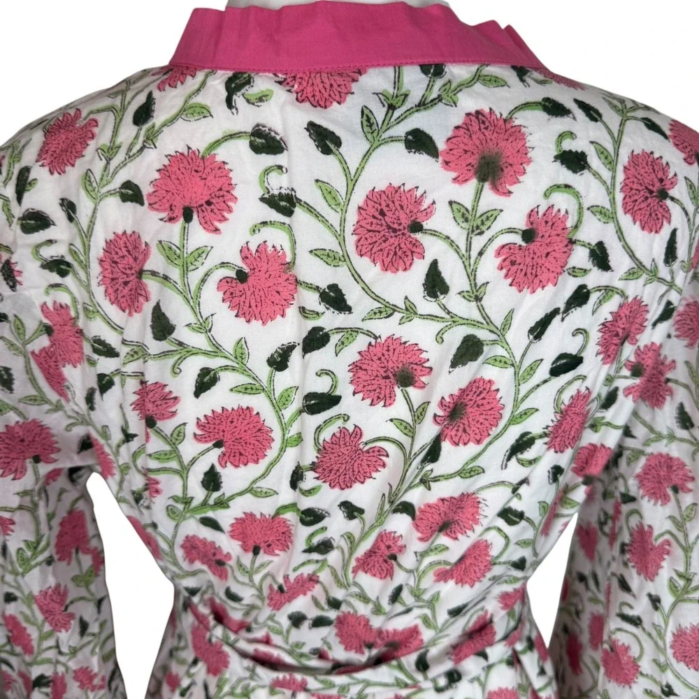 Madison Mathews One Size Floral Print Robe Kimono Pink White Green Cotton‎